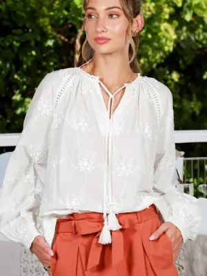 Floral Embroidered Tie Neck Tassel Cotton Blouse