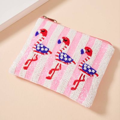 USA Flamingos Beaded Coin Pouch