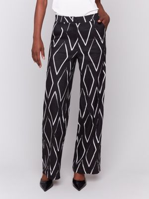 Printed Linen-Blend Pants