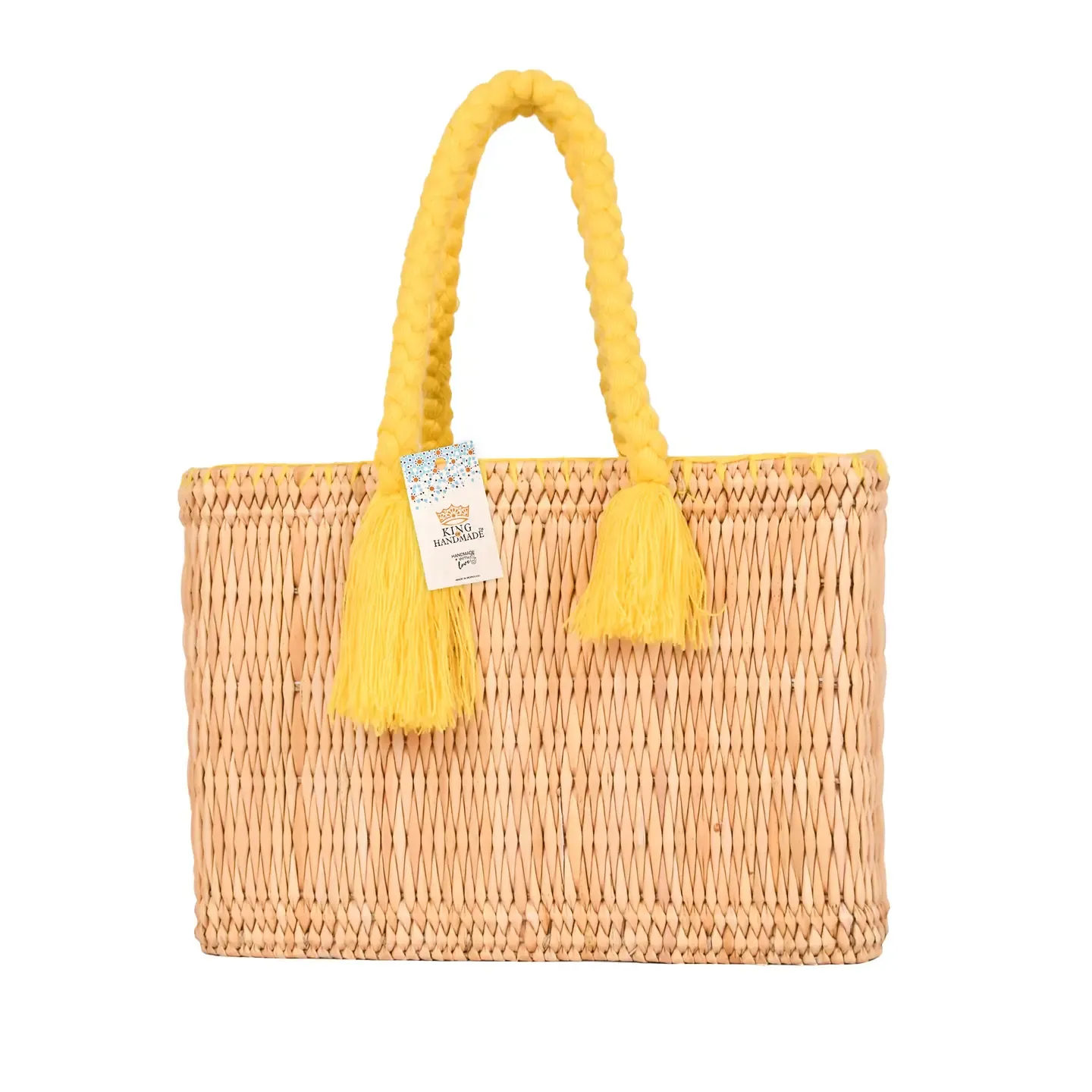 Handmade Straw Tote with Braided Yellow Handles