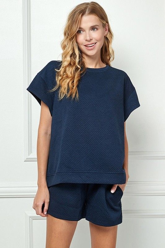 Quilted Short Sleeve Sweatshirt Top, Size: SMALL, Color: NAVY