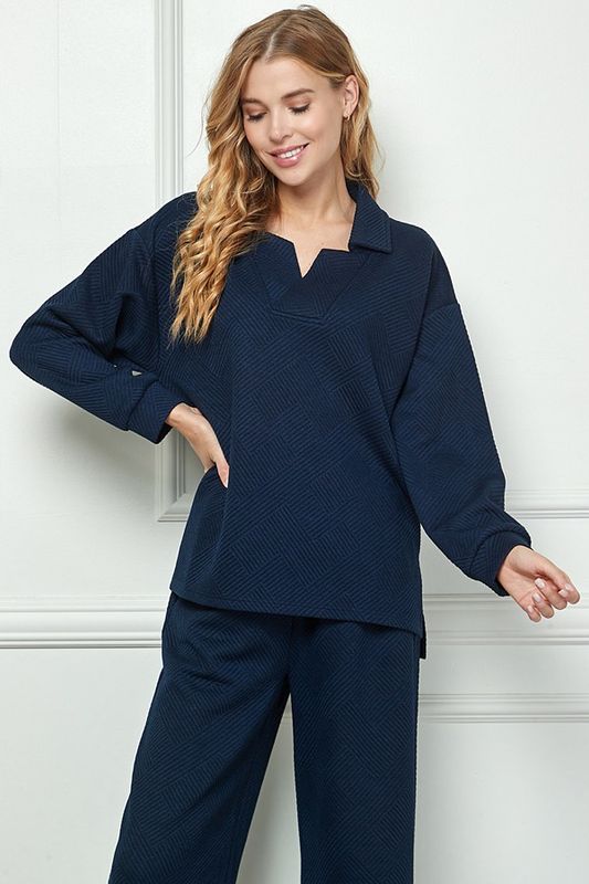 Quilted Long Sleeve Collared Top