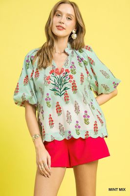 Bubble Sleeve Scalloped Top