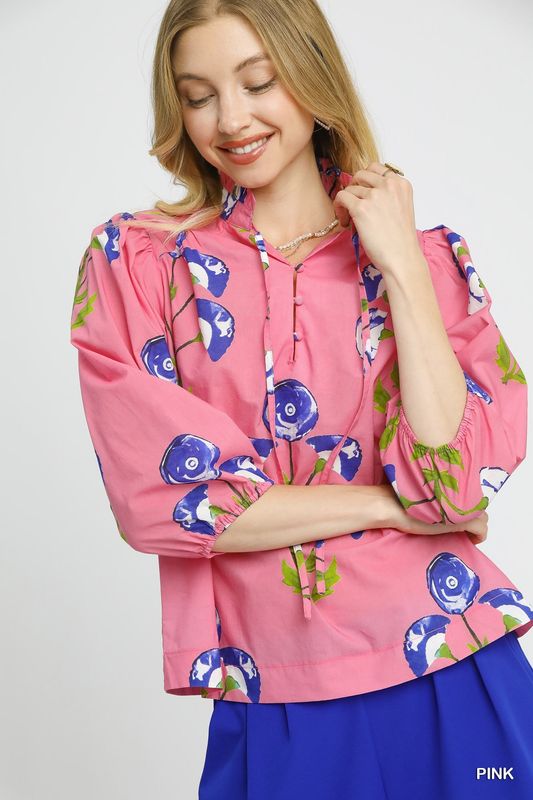 Flower Print Tie Front Blouse