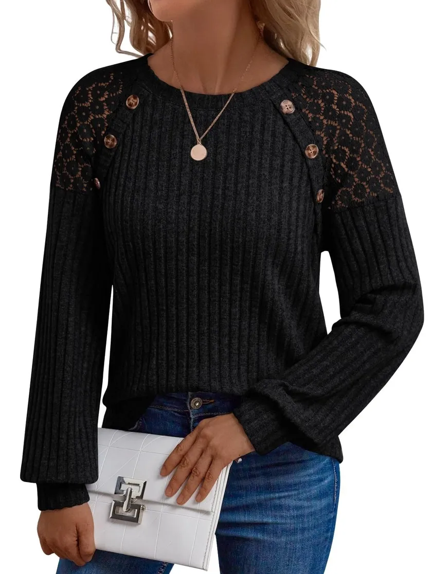Pullover with Lace &amp; Buttons, Color: BLACK, Size: SMALL