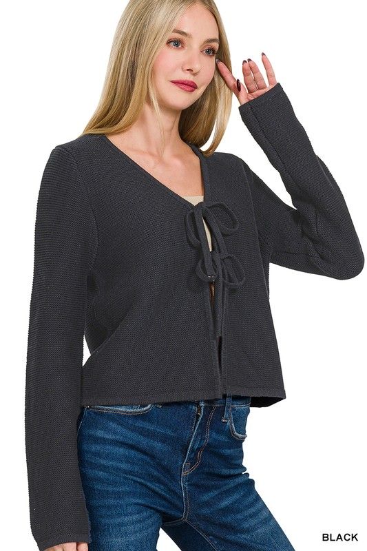 Tie Front Sweater, Size: Small, Color: Black