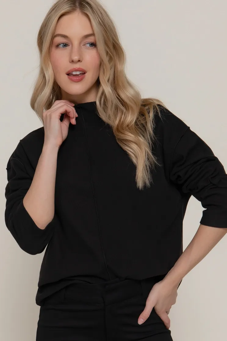 Overlocked Seams Rib Top, Size: SMALL, Color: BLACK