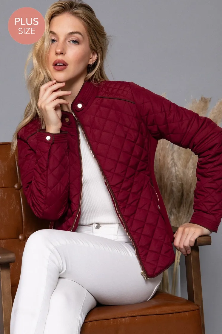 Plus Suede Piping Quilted Jacket, Size: 1XL, Color: DARK WINE