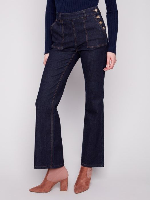 Side Button Flare Leg Jeans