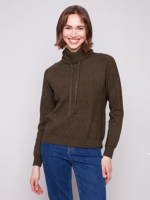 Textured Raglan Cowl Neck Sweater