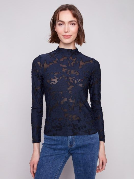 Burnout Mesh Mock Neck Top