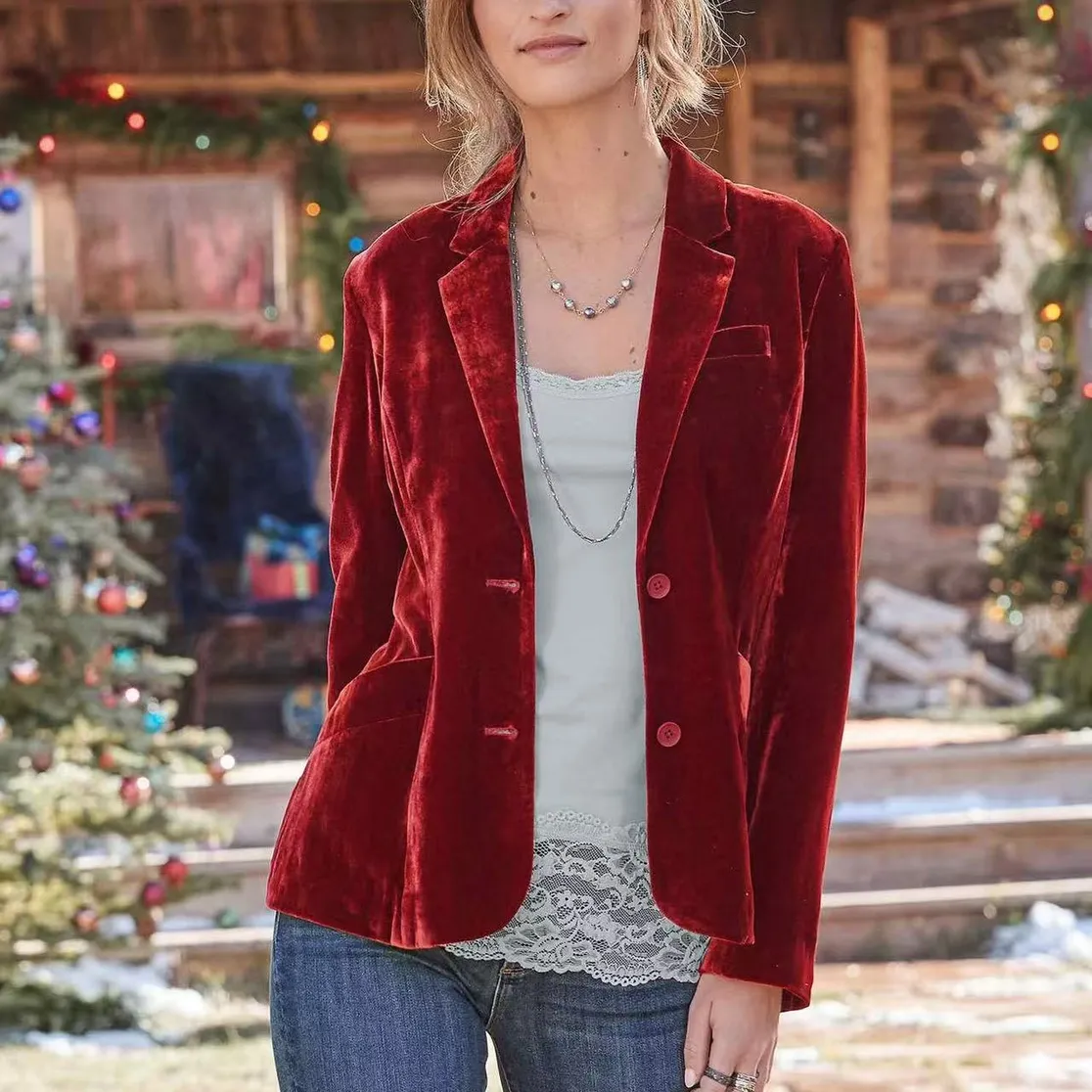 Velvet Blazer, Color: RED, Size: SMALL
