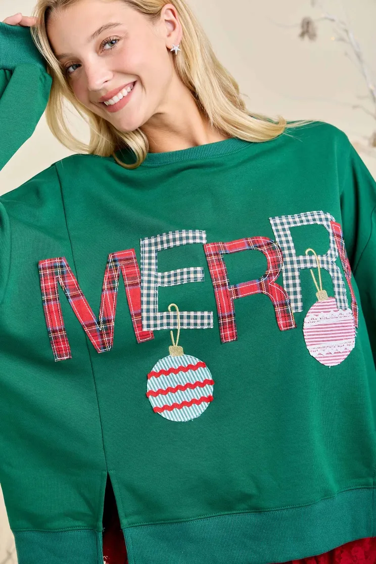 Merry w/Ornament Patchwork Sweatshirt