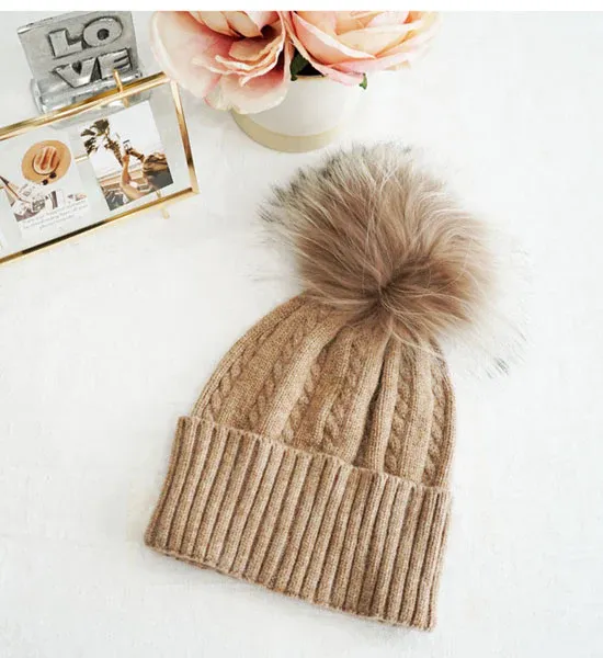 Beanie with Fox Fur Pom, Color: TAUPE