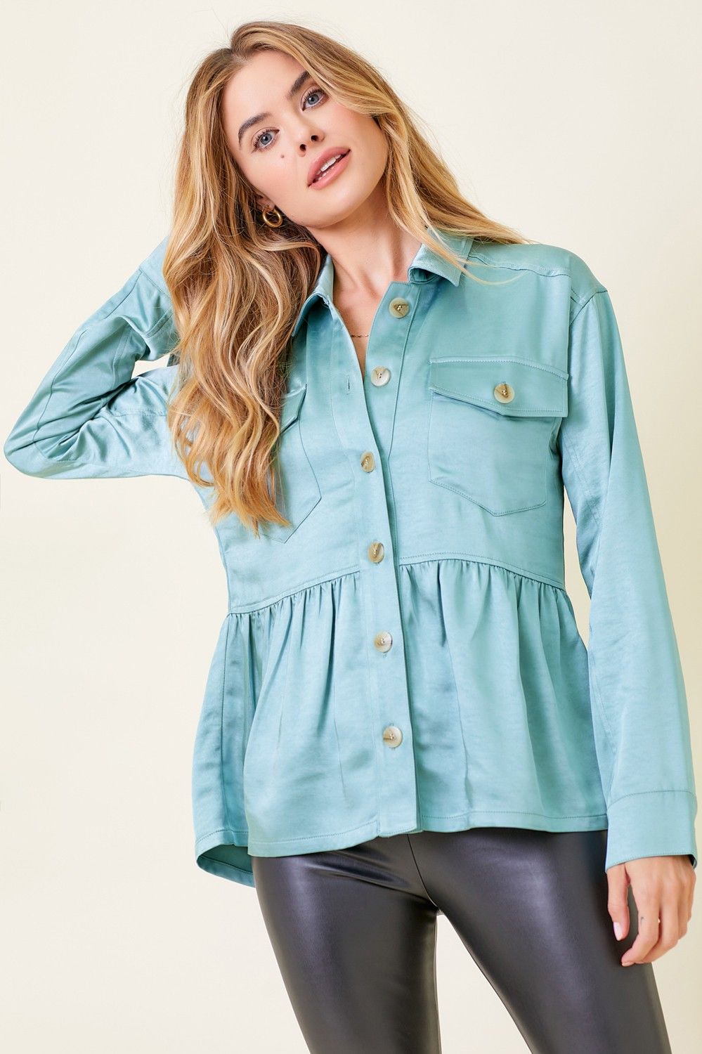 Peplum Satin Shacket, Color: SEAFOAM, Size: SMALL