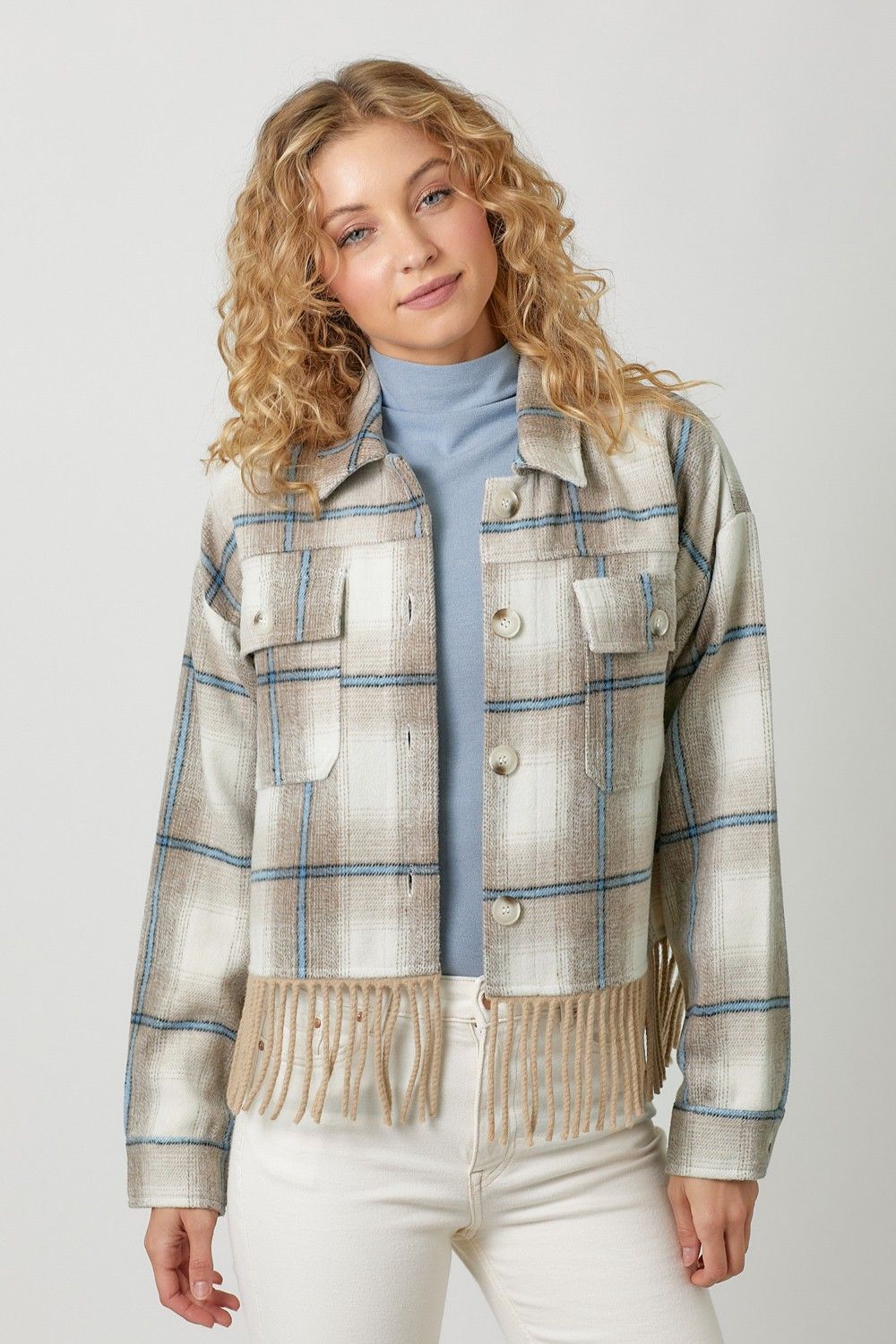 Fringe Plaid Jacket, Color: ALMOND/IVORY, Size: SMALL