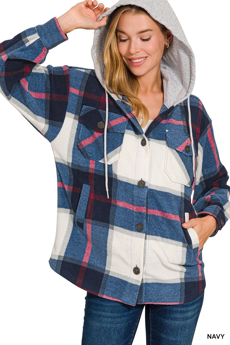 Plaid Fleece Shacket, Color: Navy, Size: Small