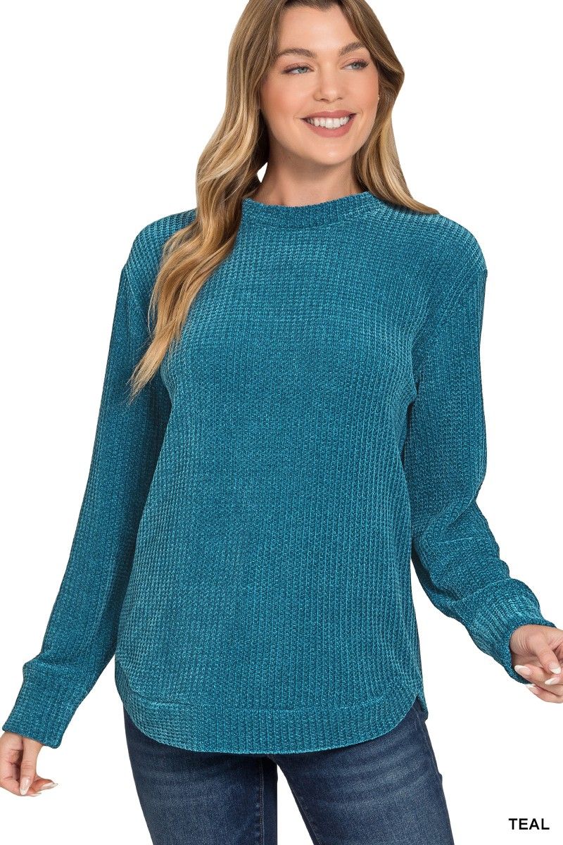 Chenille Waffle Round Neck Sweater, Color: Teal, Size: Small