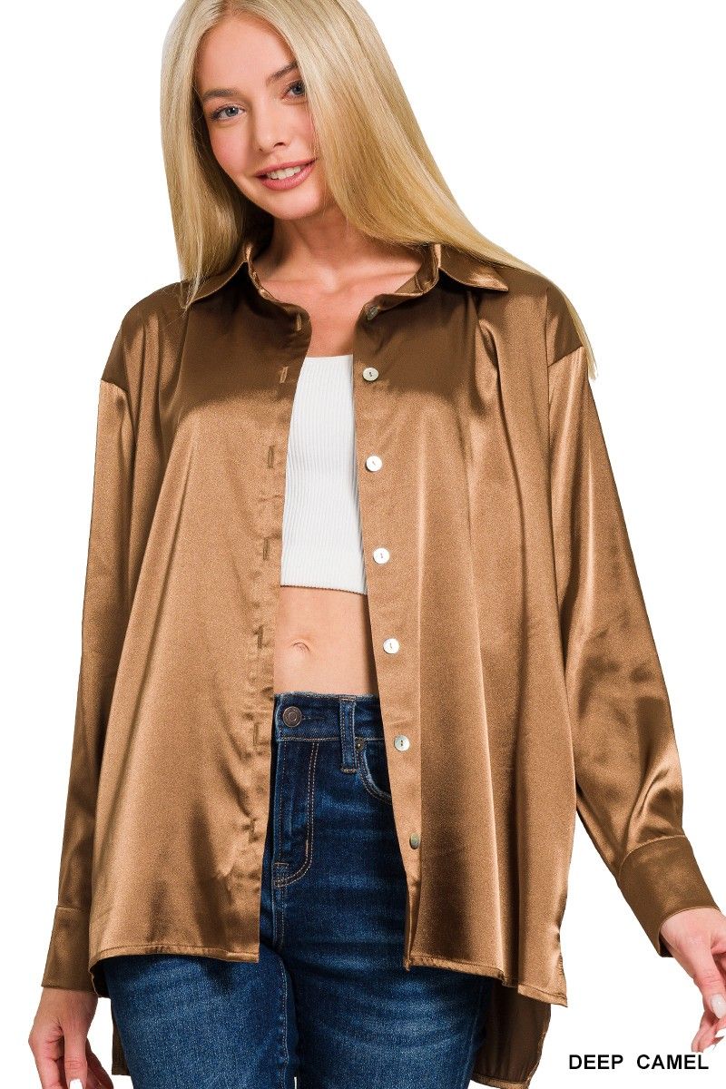 Satin Button Down Shirt, Color: Deep Camel, Size: Small