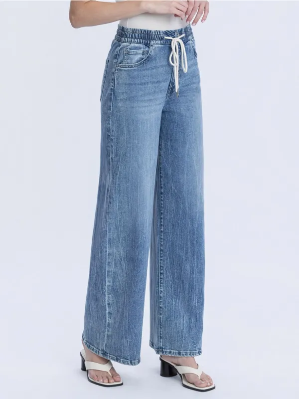 Elastic Waistband Wide Leg Jeans