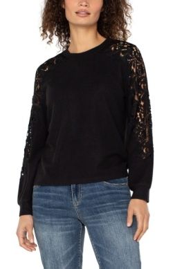 Long Sleeve Crew Neck Lace Inset Knit Top