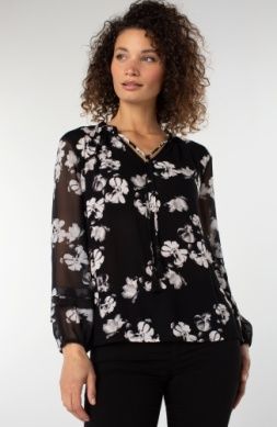 Long Sleeve Popover Shirred Woven Blouse