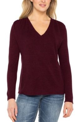 Long Sleeve V-Neck Knit Top w/Shirring