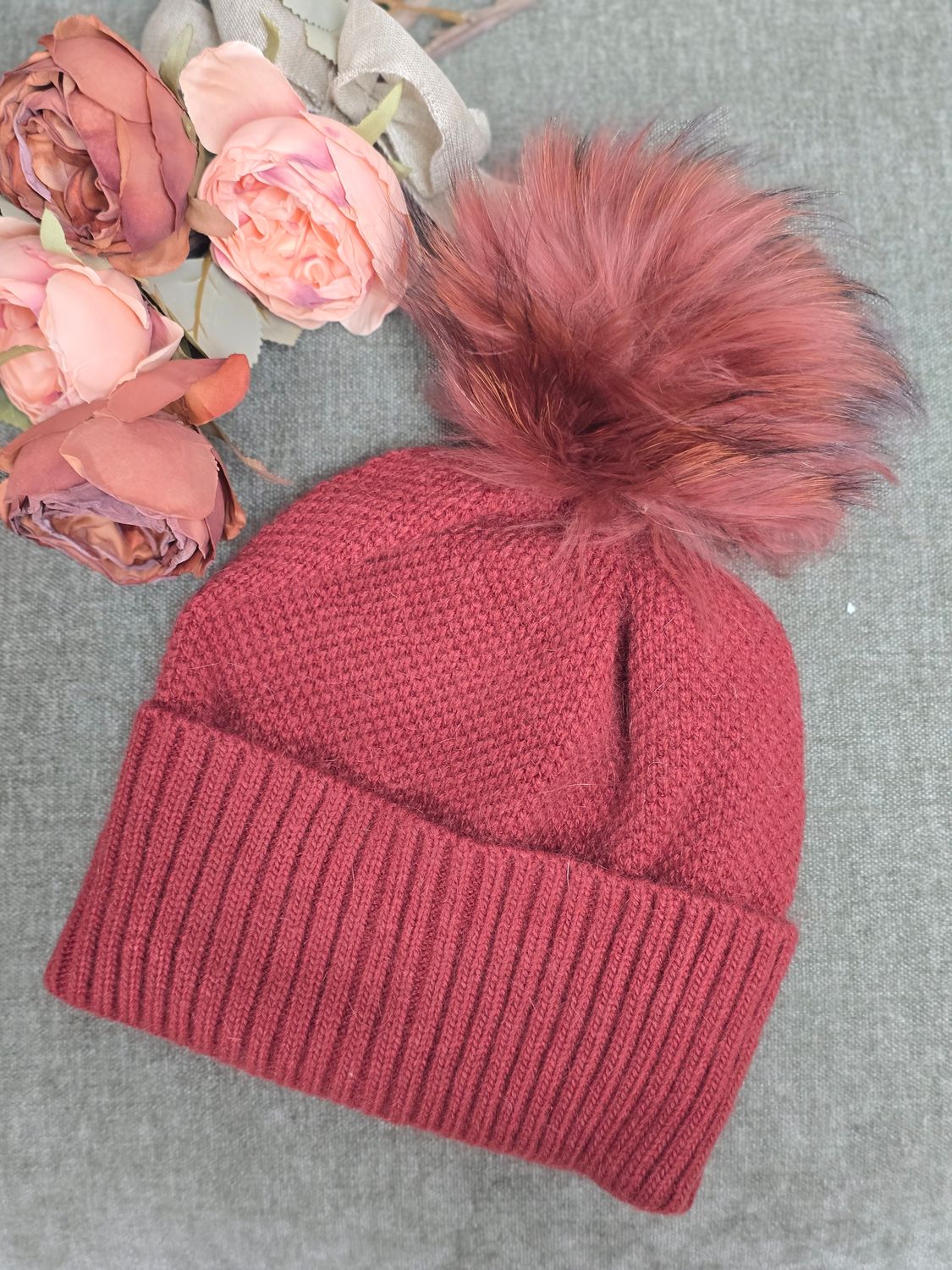 Beanie with Fox Fur Pom, Color: RED