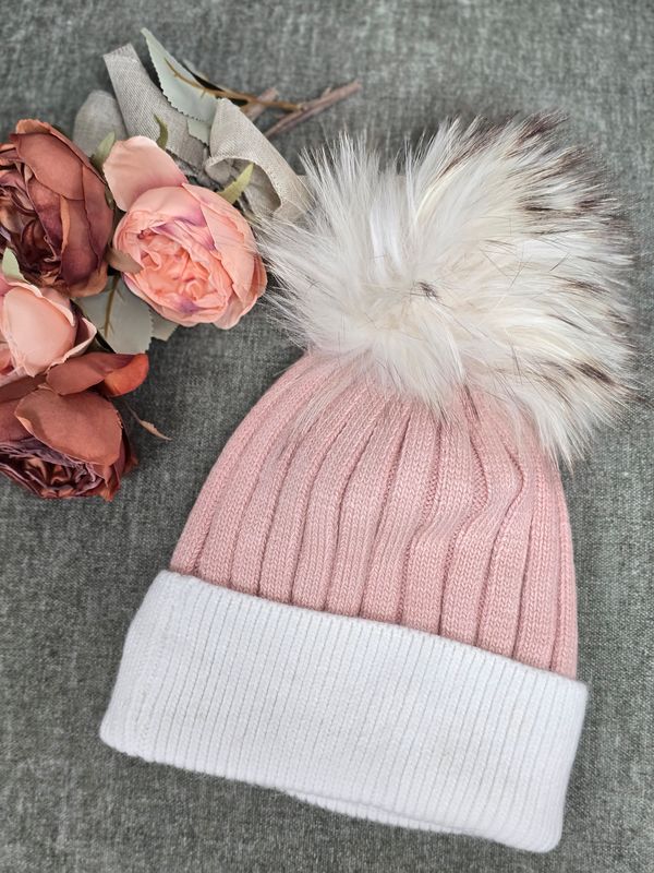 Two-Tone Knit Beanie with Fur Pom