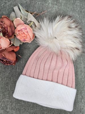 Two-Tone Knit Beanie with Fur Pom