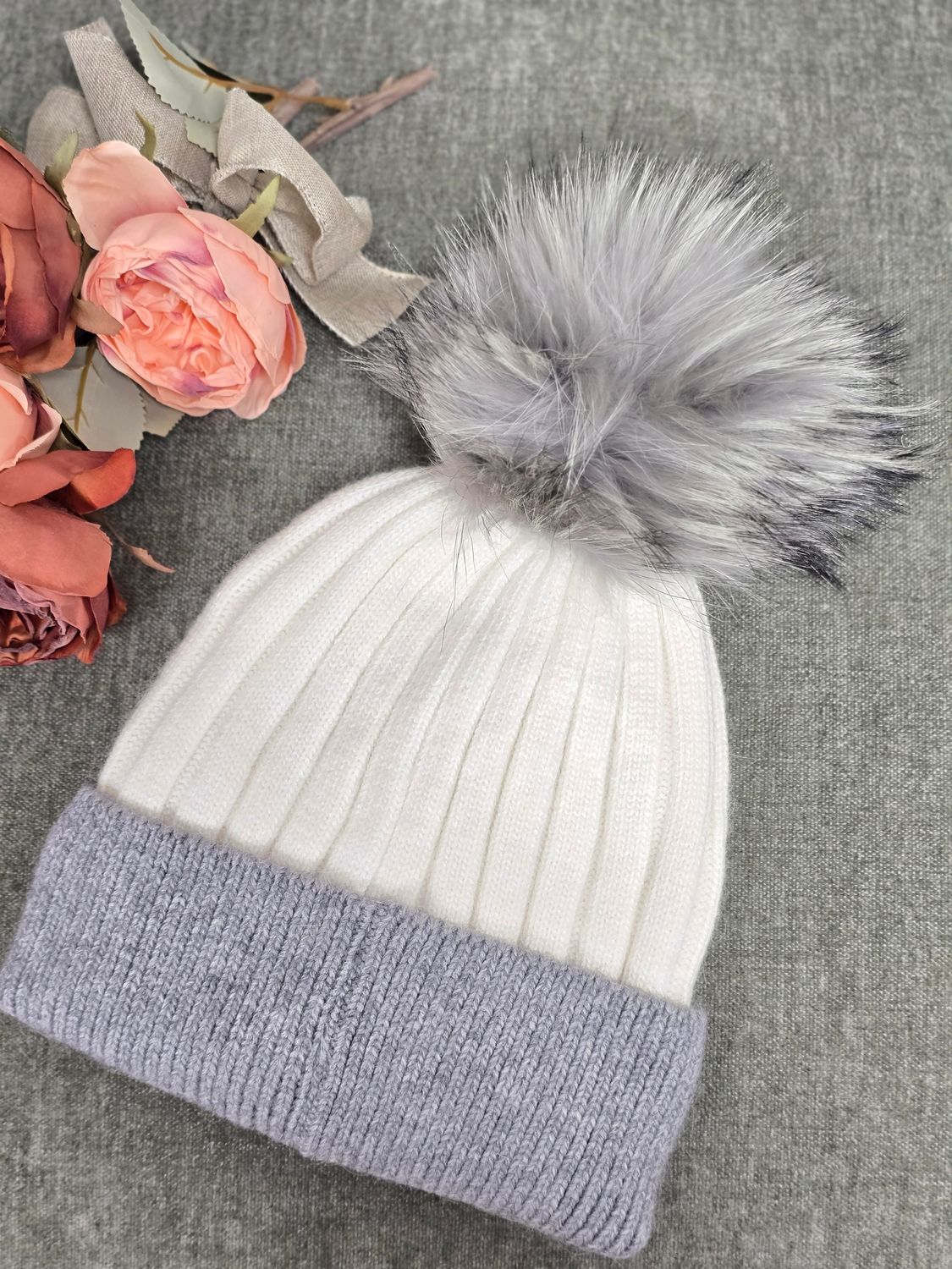 Two-Tone Knit Beanie with Fur Pom, Color: WHITE/GREY
