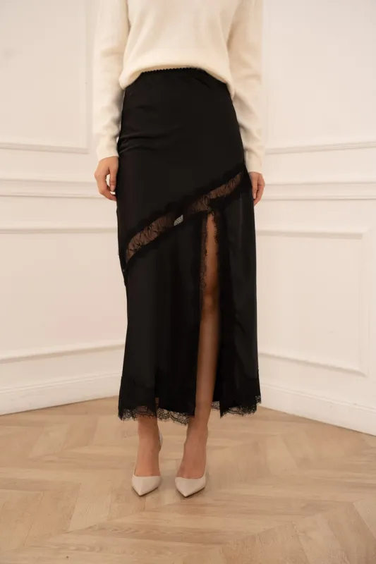 Asymmetrical Satin Lace Skirt