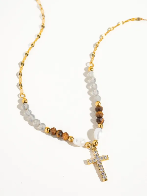 Lumiere 18K Gold Cross Necklace with Beads and Pearls - Yellow Gold