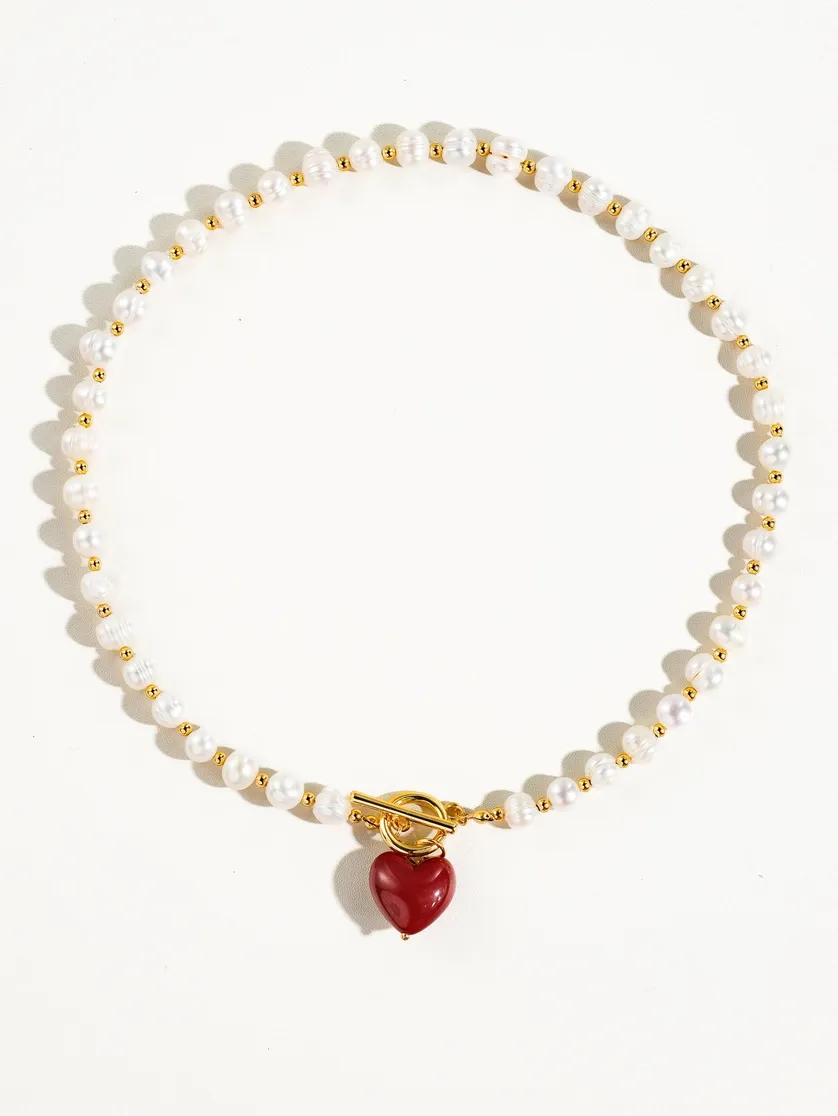 Wren Vintage Natural Pearl Heart Necklace - Red