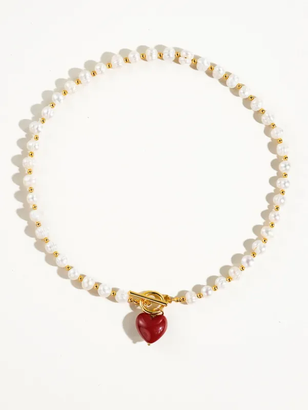 Wren Vintage Natural Pearl Heart Necklace - Red