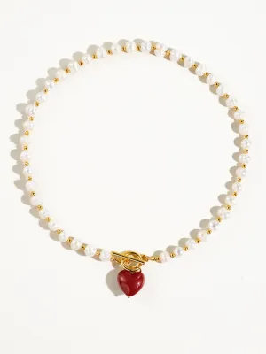 Wren Vintage Natural Pearl Heart Necklace - Red