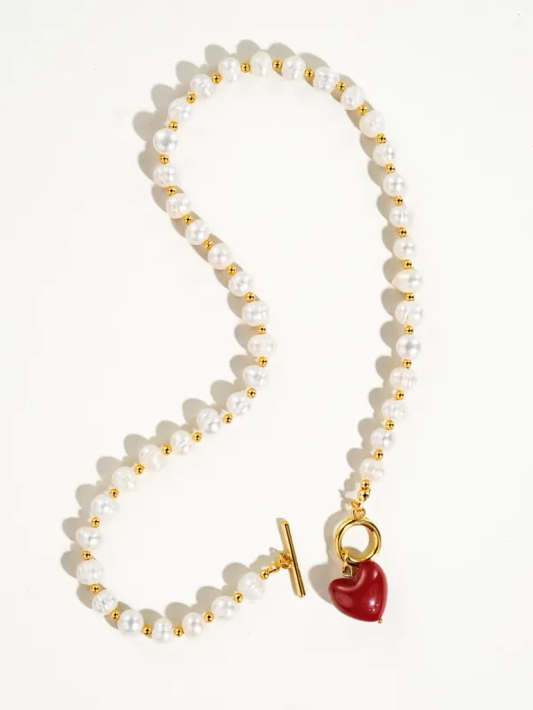 Wren Vintage Natural Pearl Heart Necklace - Red