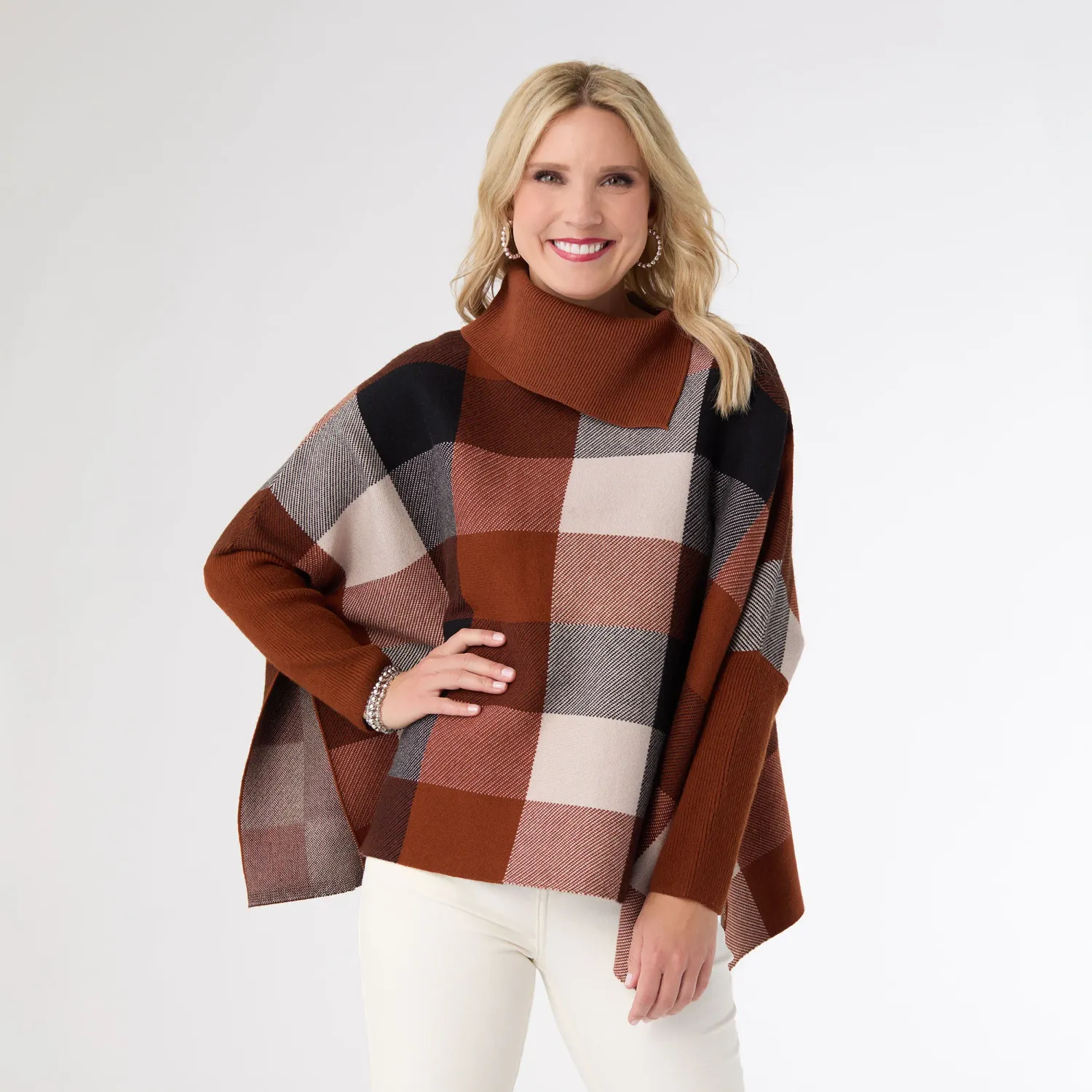 Loren Colorblock Poncho, Color: Nutmeg  /Black/Natural, Size: One-Size