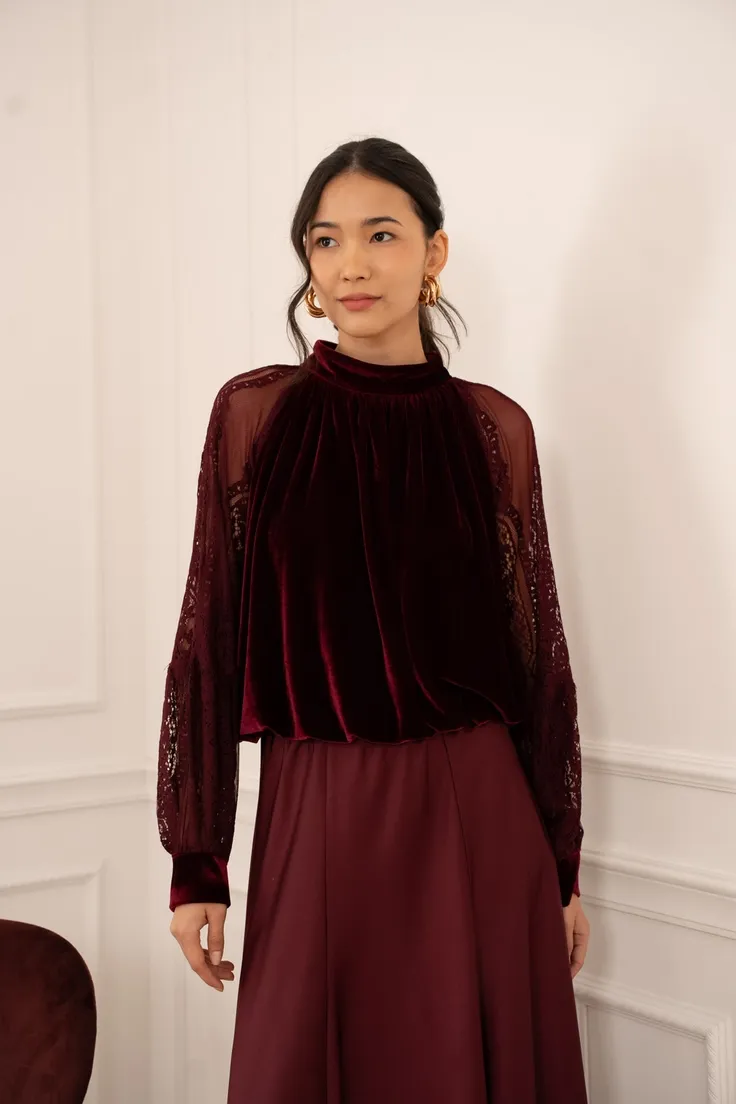 Velvet Blouse with Lace Sleeves
