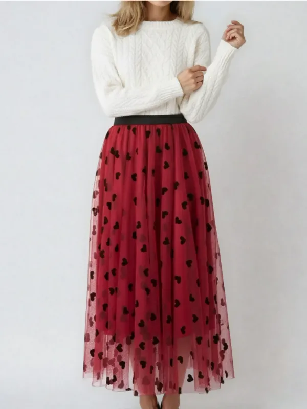 Heart Print Tulle Midi Skirt