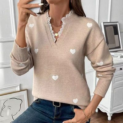 Heart Print Lace Trim Sweater