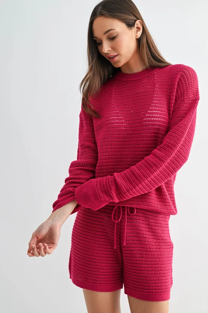 Breezy Crochet Pullover, Color: Plum Pink, Size: Small