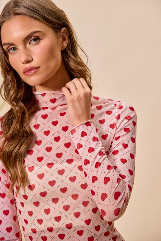 Heart Print Long Sleeves Mesh Top