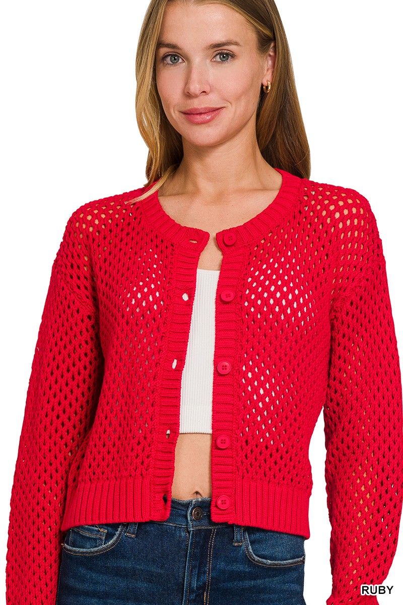 Crochet Cardigan Sweater, Color: RUBY, Size: SMALL