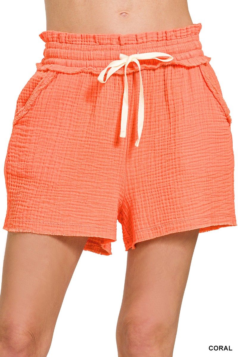 Double Gauze Shorts, Color: CORAL, Size: SMALL