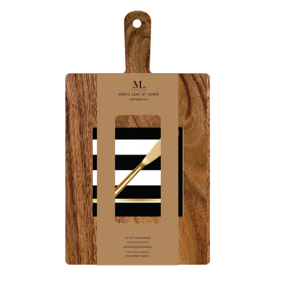 14x8" Acacia Board w/ Handle Gold Spreader, Cordoba Napkin