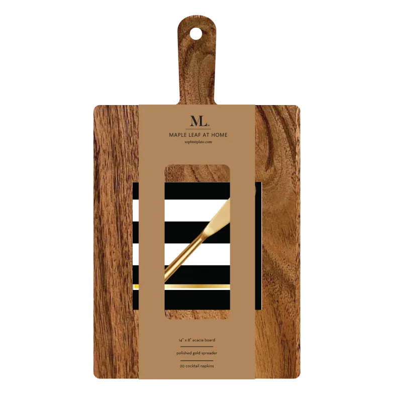 14x8" Acacia Board w/ Handle Gold Spreader, Cordoba Napkin