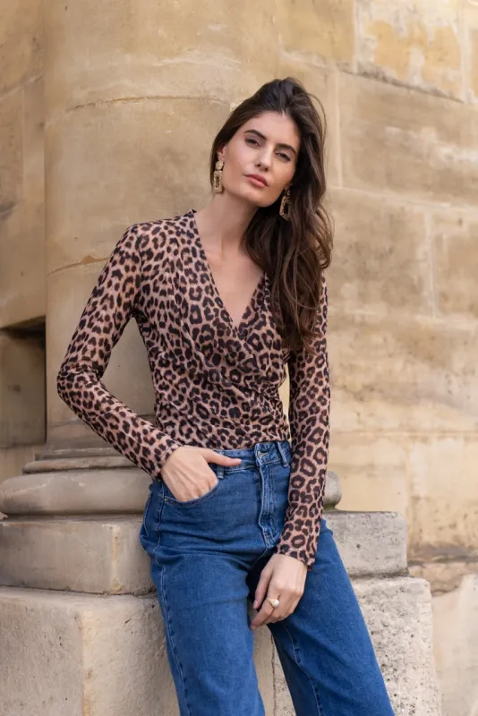 Leopard Mesh Wrap Top