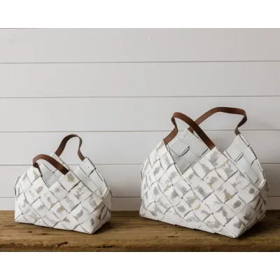 Basket - Whitewash Chipwood with Leather Handle