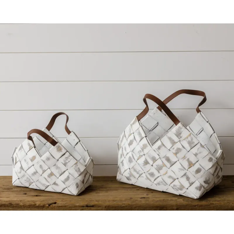 Basket - Whitewash Chipwood with Leather Handle